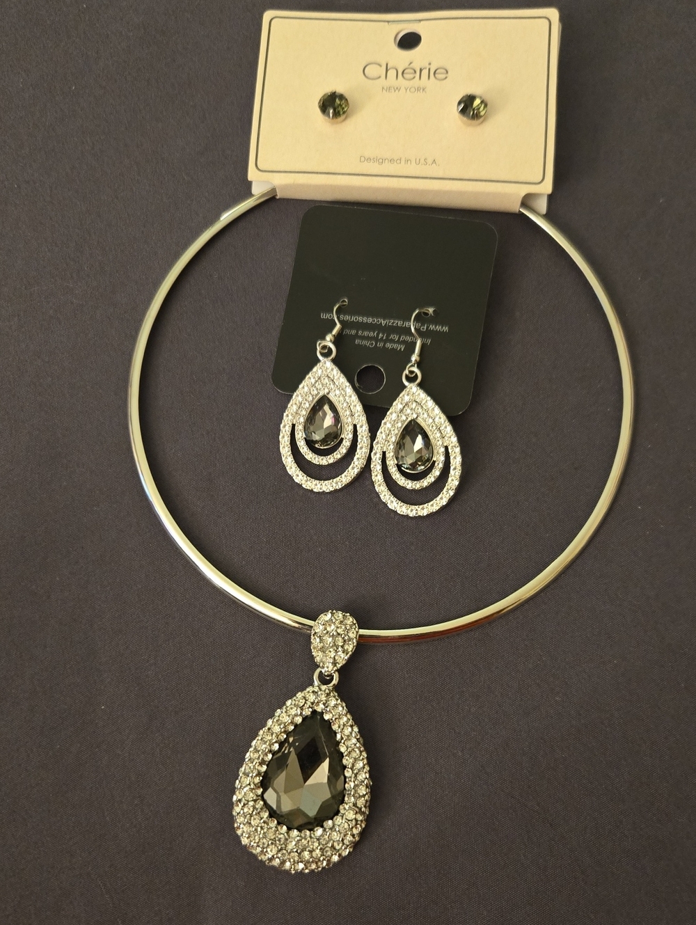 Silver-Tone Teardrop Necklace & Earring Set with Black Crystal